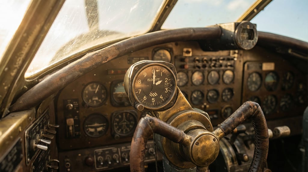 Interior of a vintage cockpit with analog dials, toggle switches, and a worn leather yoke
