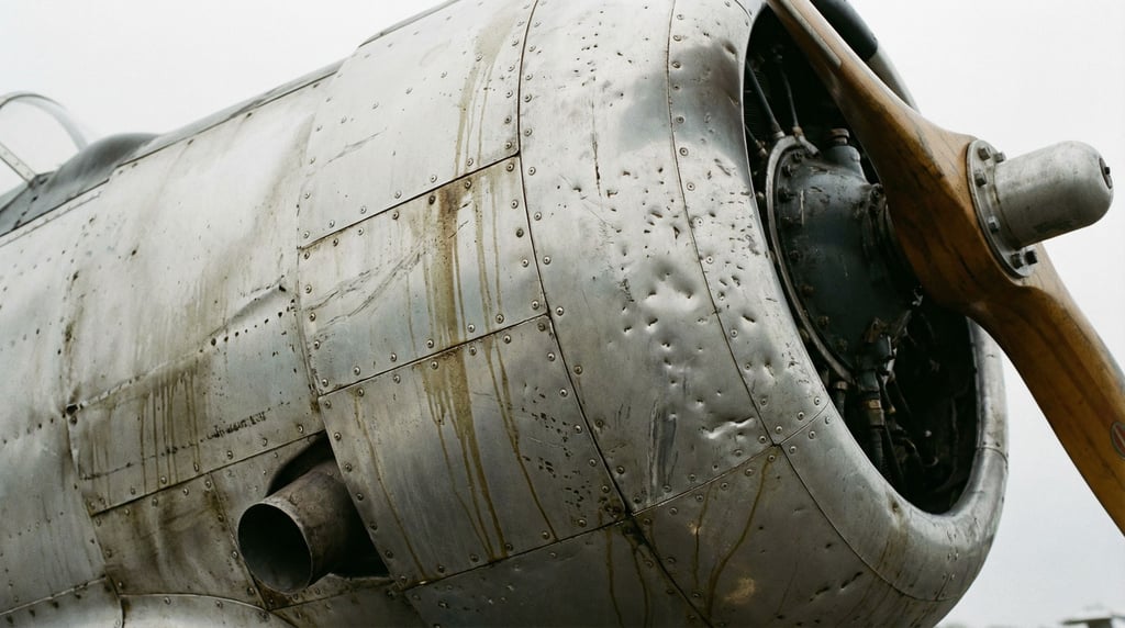 Close-up of a propeller plane engine cowling with riveted aluminum panels