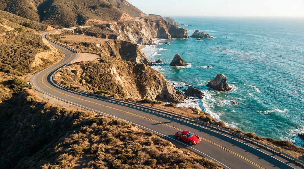 Aerial view of a winding coastal highway with a single red car tracing the curves