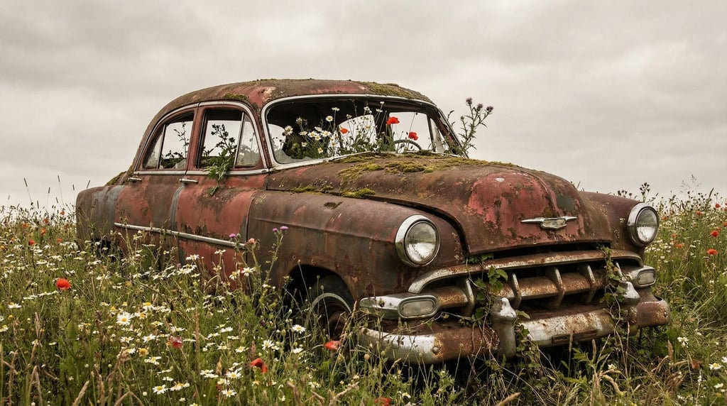 Rusted 1950s sedan sinking into tall wildflowers in an overgrown meadow, soft overcast light