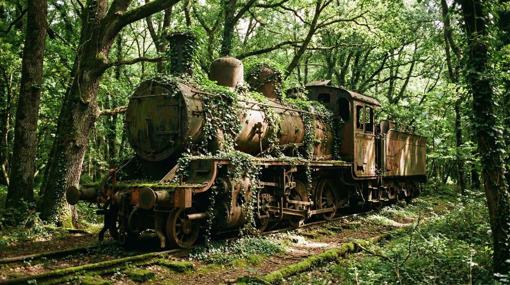 Abandoned locomotive on overgrown tracks in a forest, vines climbing the boiler