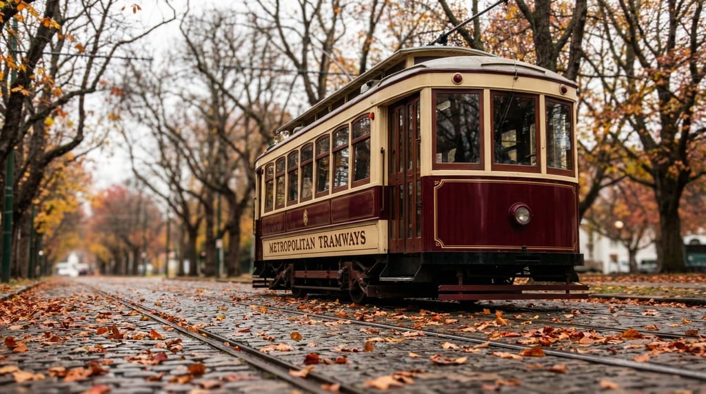 Tram painted in cream and maroon rattling down a tree-lined avenue