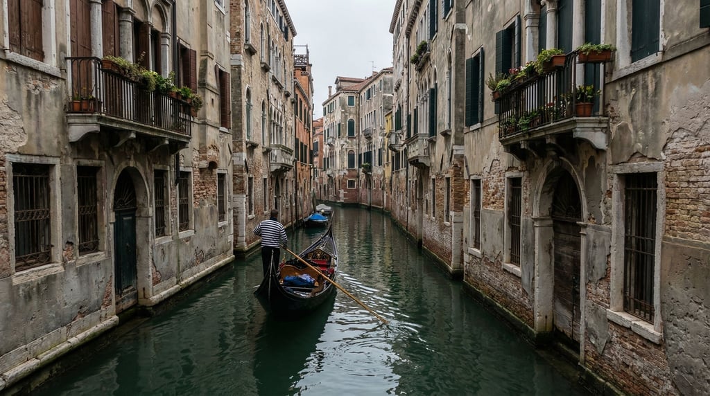 Gondola gliding through a narrow canal between weathered stone buildings