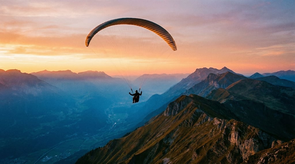 Paraglider floating above a mountain ridge at sunset, warm light on the canopy from below