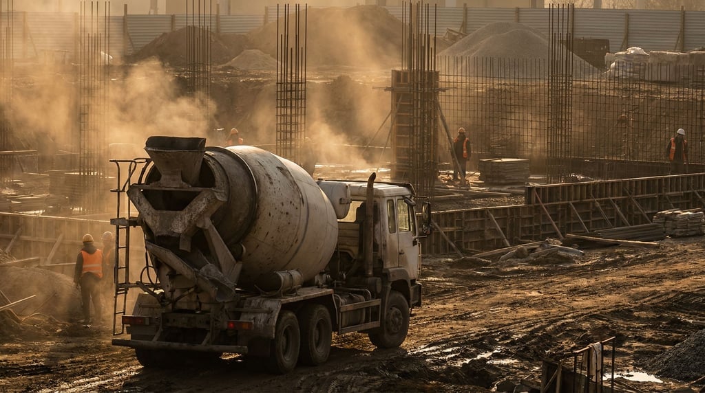 Cement mixer truck on a construction site at dawn, golden low-angle light catching dust in the air