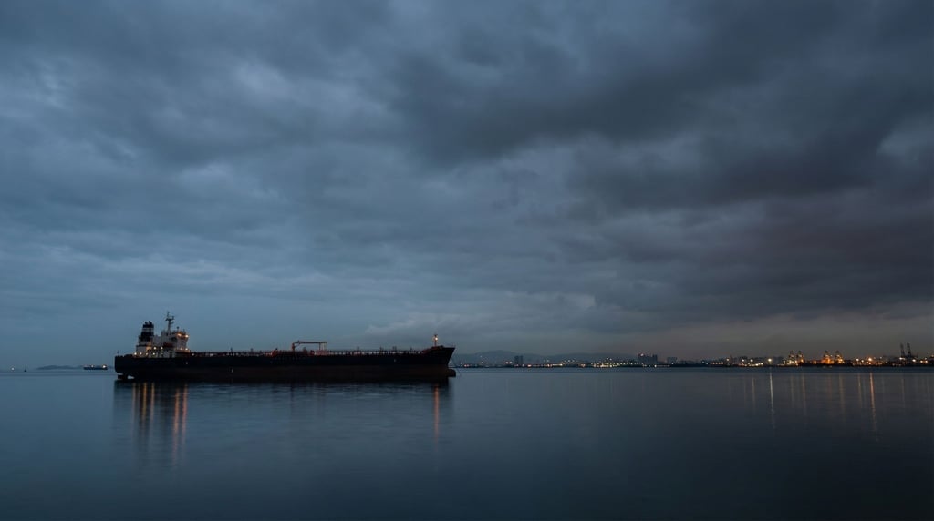 Tanker ship anchored in a calm bay at dusk, its massive dark hull reflecting in still water