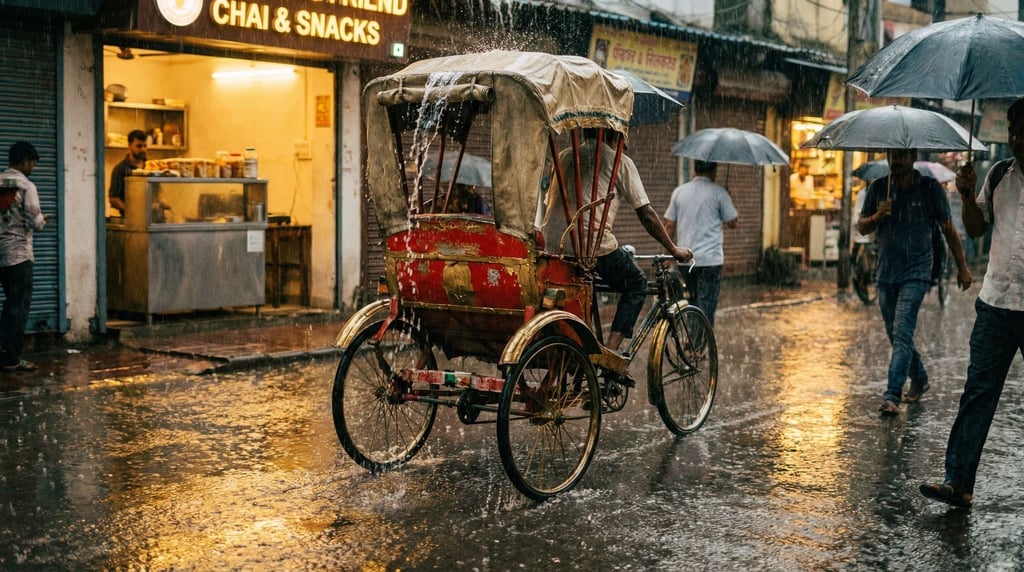 Rickshaw in faded red and gold on a rain-wet street during monsoon, water streaming off the canopy