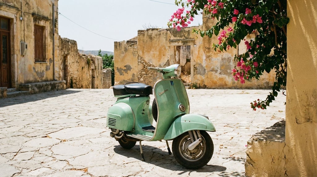 Vintage scooter in mint green parked on a sun-bleached Mediterranean plaza