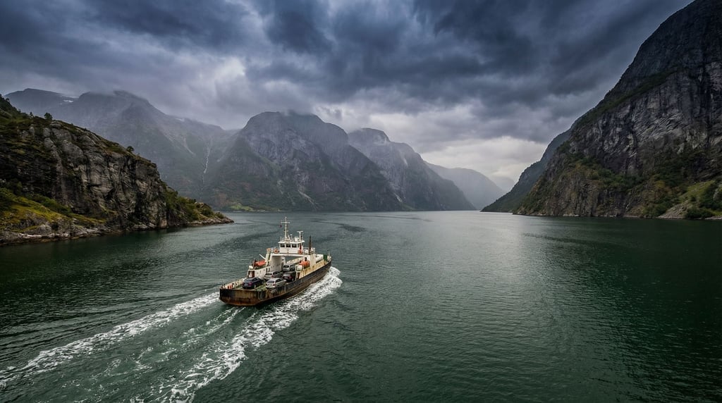 Ferry boat crossing a wide fjord under dramatic cloud formations