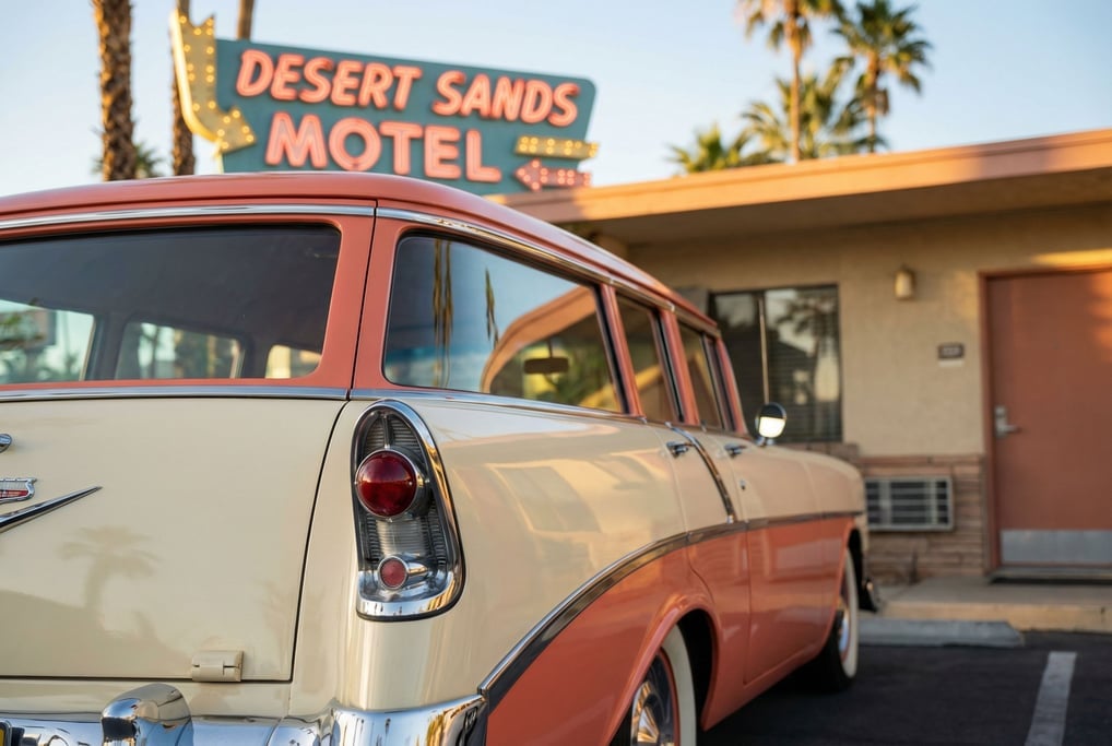Rear three-quarter view of a 1950s American land yacht in two-tone cream and salmon