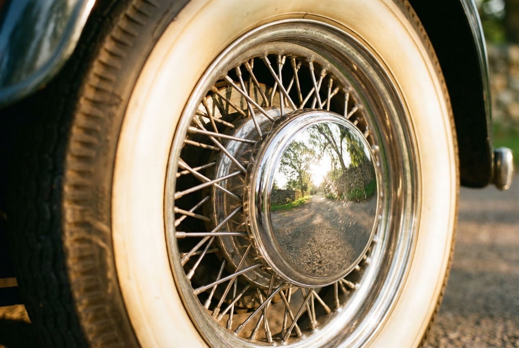 Detail of a vintage roadster's wire-spoke wheel and whitewall tire