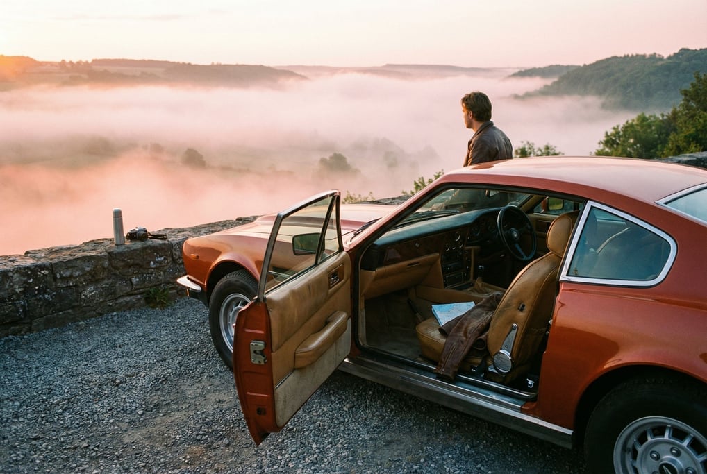 Sports coupe in burnt orange parked on a gravel overlook above a misty valley, driver's door ajar