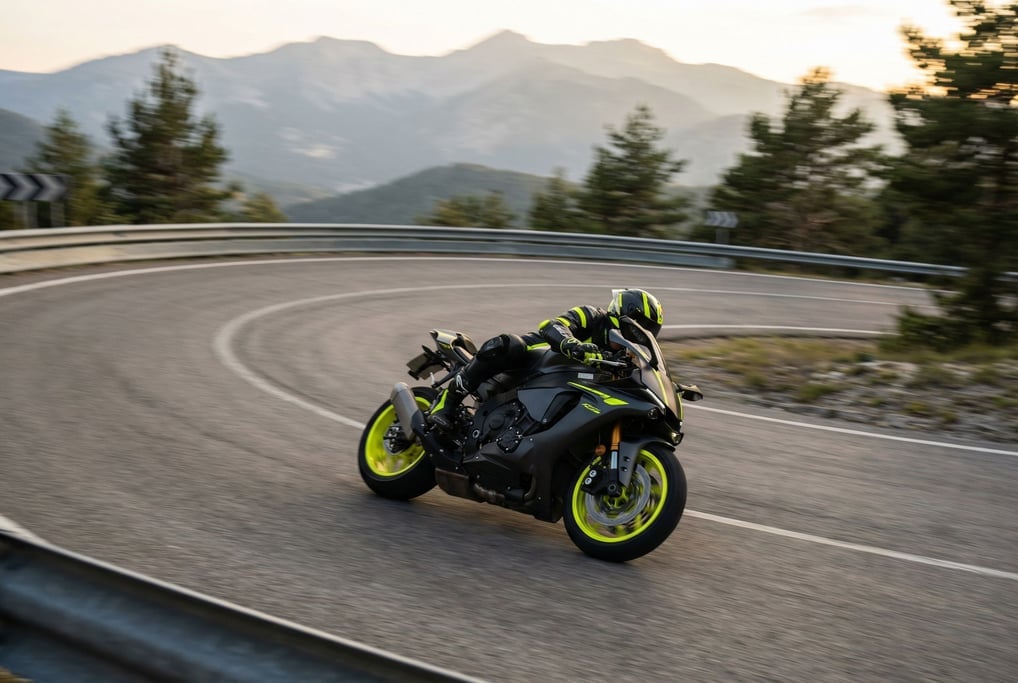 Sport bike in matte black and fluorescent yellow on a mountain switchback