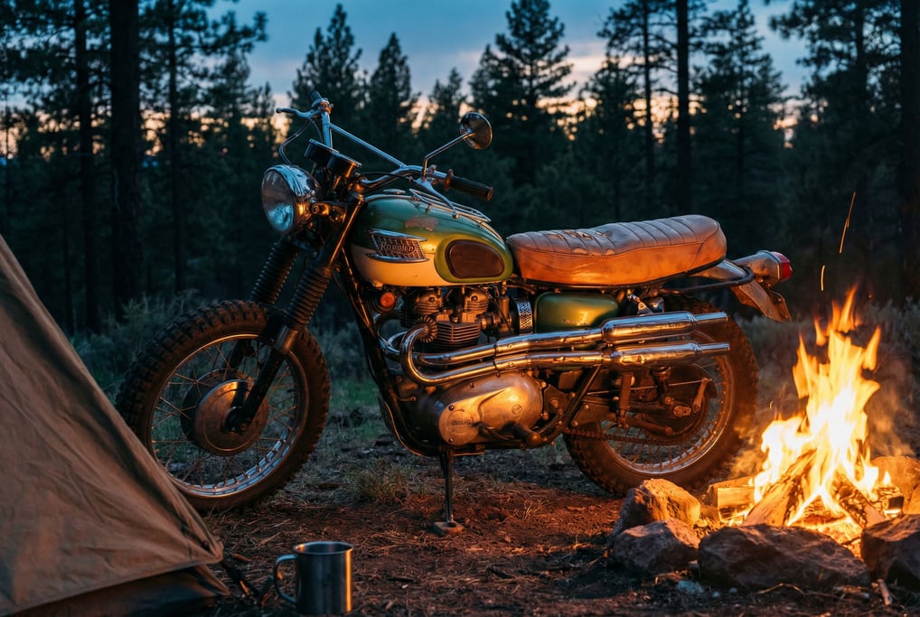 Vintage scrambler motorcycle with knobby tires and a tan leather seat parked beside a campfire at du