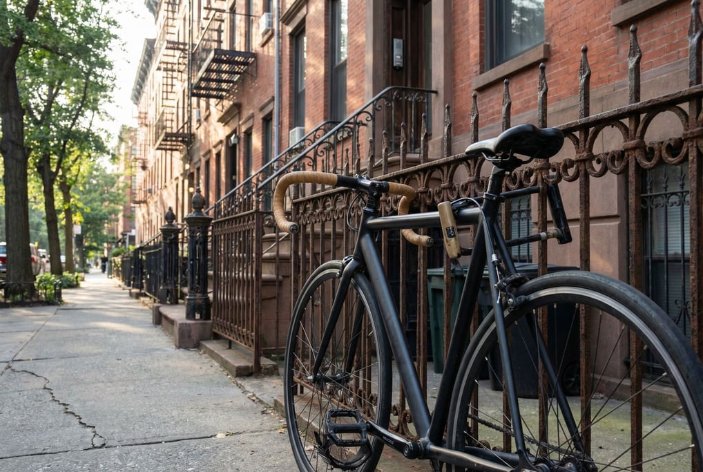 Fixie bicycle in matte black with tan bar tape locked to a wrought-iron fence in a Brooklyn-style ne