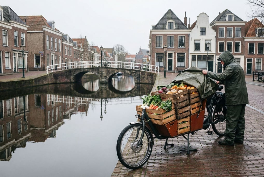 Cargo bicycle loaded with wooden crates of produce on a canal-side path, soft overcast Dutch light