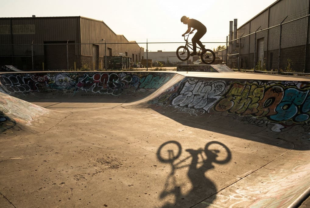 BMX bike mid-air in a concrete skatepark, frozen at the peak of a jump