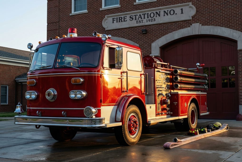 Bright red fire engine with chrome detailing parked in front of a brick firehouse, morning light