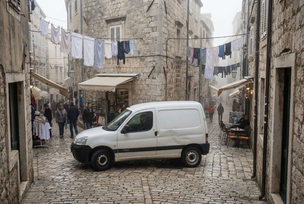 Delivery van in plain white livery navigating a narrow European street with laundry hanging overhead
