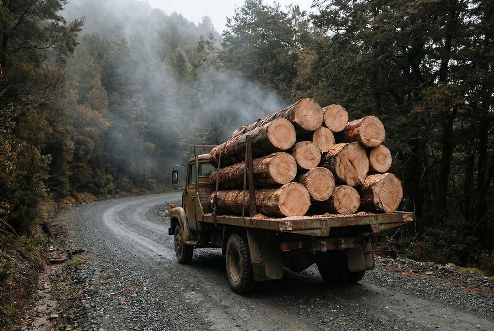 Flatbed truck carrying stacked timber logs on a forested mountain road, mist rising from the trees