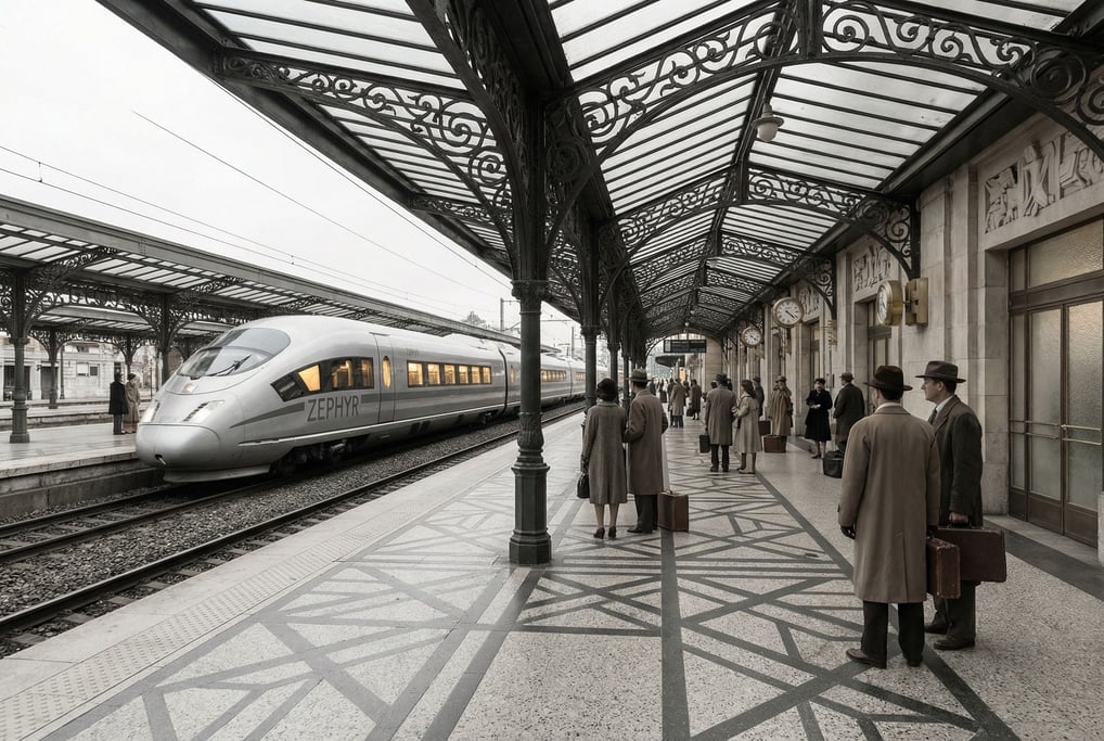 Art deco style train station platform with a sleek modern train arriving