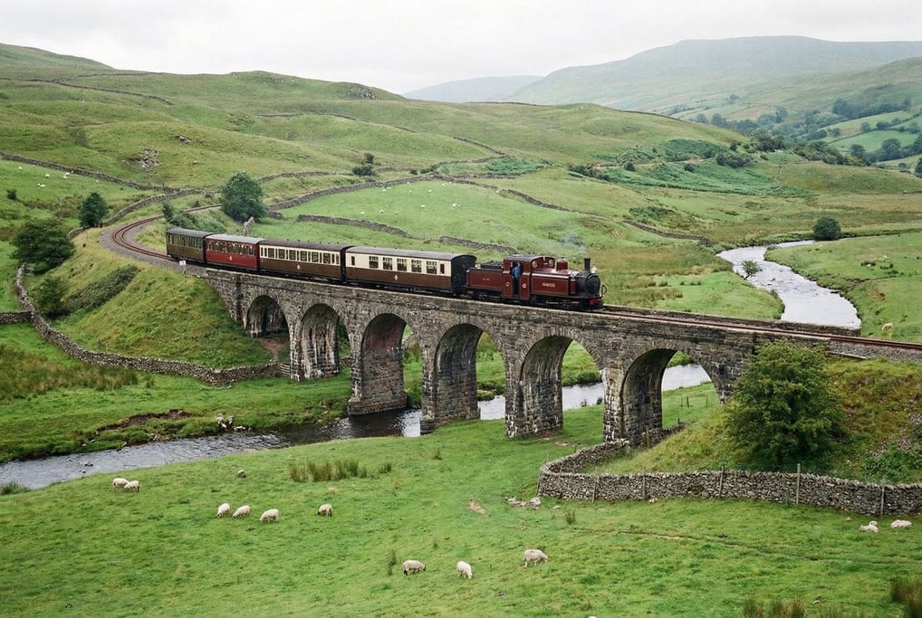 Narrow-gauge heritage railway train crossing a stone viaduct in the Welsh countryside