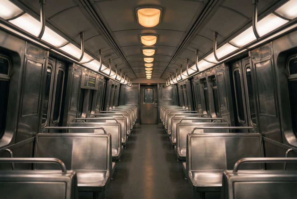 Empty subway car interior with stainless steel seats and warm overhead lighting