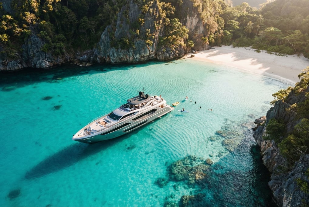Luxury yacht anchored in a secluded cove, turquoise shallow water over white sand visible below