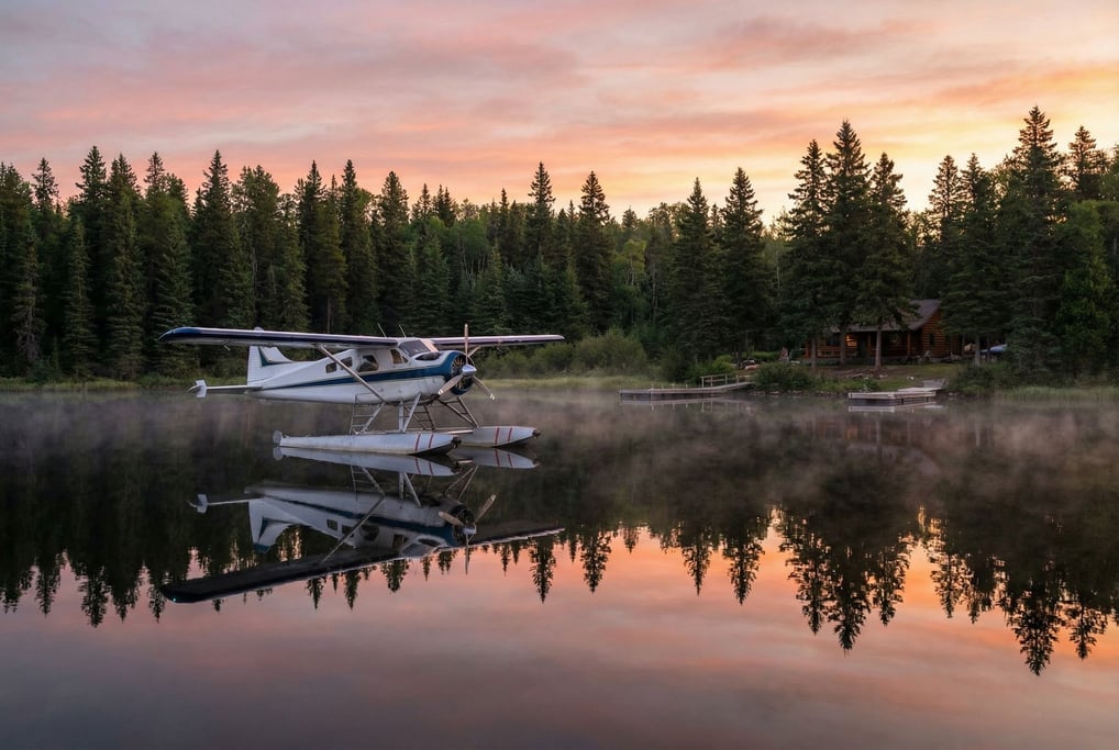 Floatplane on a glassy lake at dawn, mirror reflection of the aircraft and surrounding pines