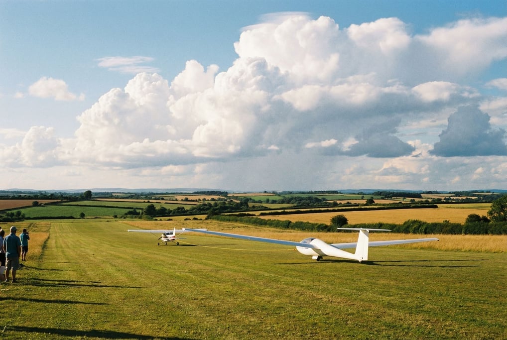 Glider being towed on a grass runway, tow cable taut, cumulus clouds building above