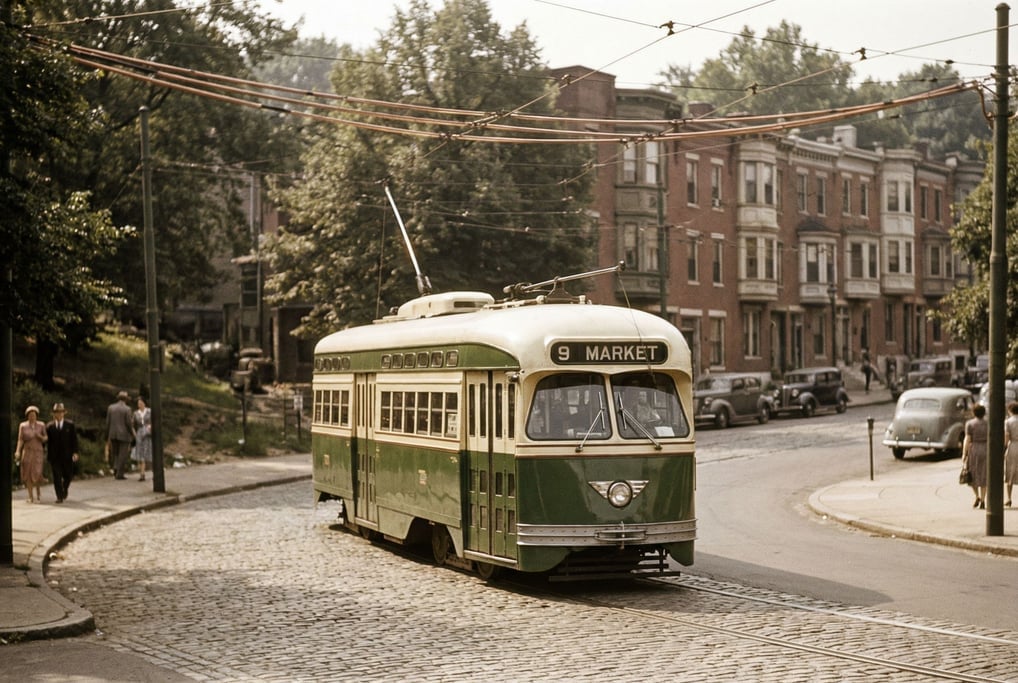 Vintage streetcar in forest green and cream livery rounding a curve in a hilly neighborhood