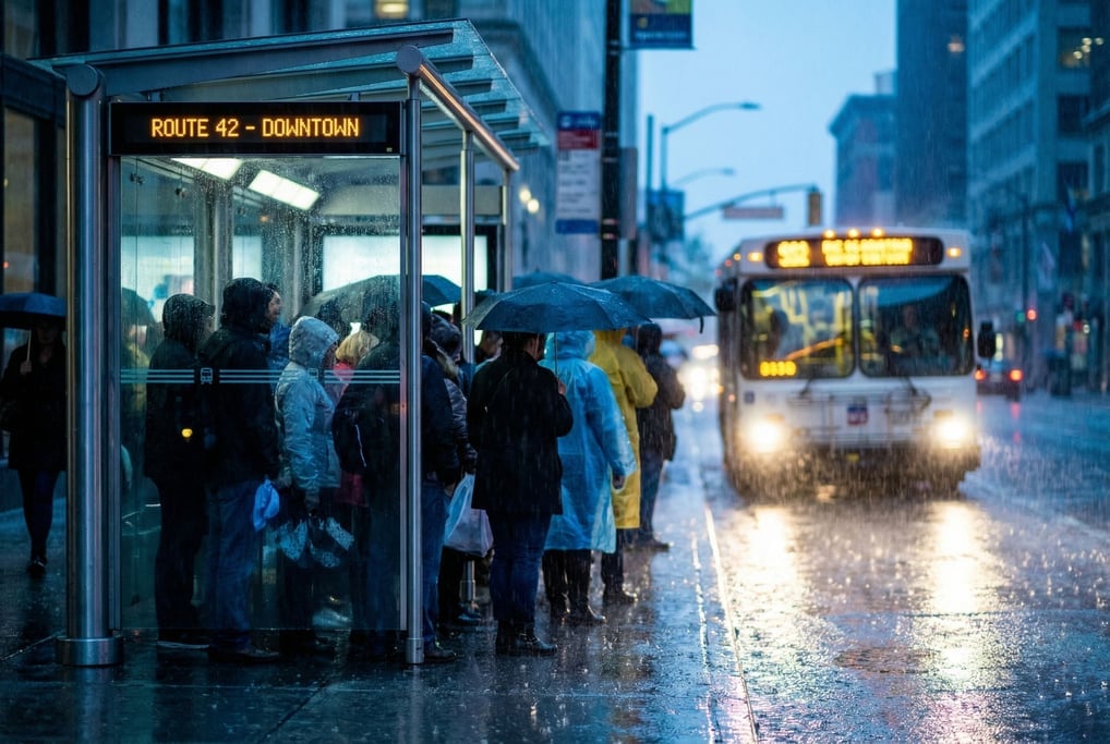 Crowded bus stop shelter on a rainy evening, bus headlights approaching through the downpour