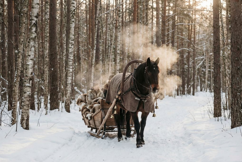 Horse-drawn sleigh on a snowy forest path, steam rising from the horse's breath