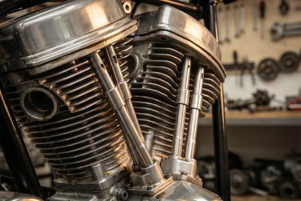 Close-up of a motorcycle engine with polished aluminum cooling fins and exposed pushrod tubes