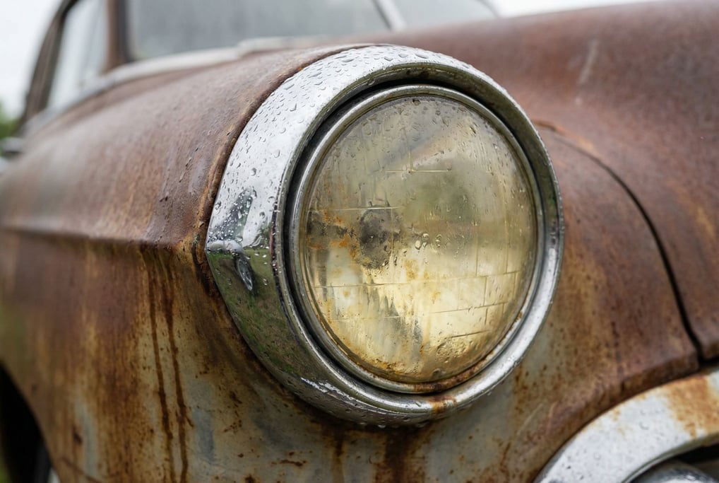 Vintage car headlight assembly with pitted chrome bezel and yellowed glass lens