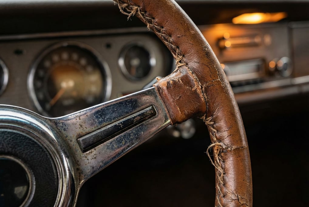 Worn leather steering wheel of a classic car, stitching slightly unraveled
