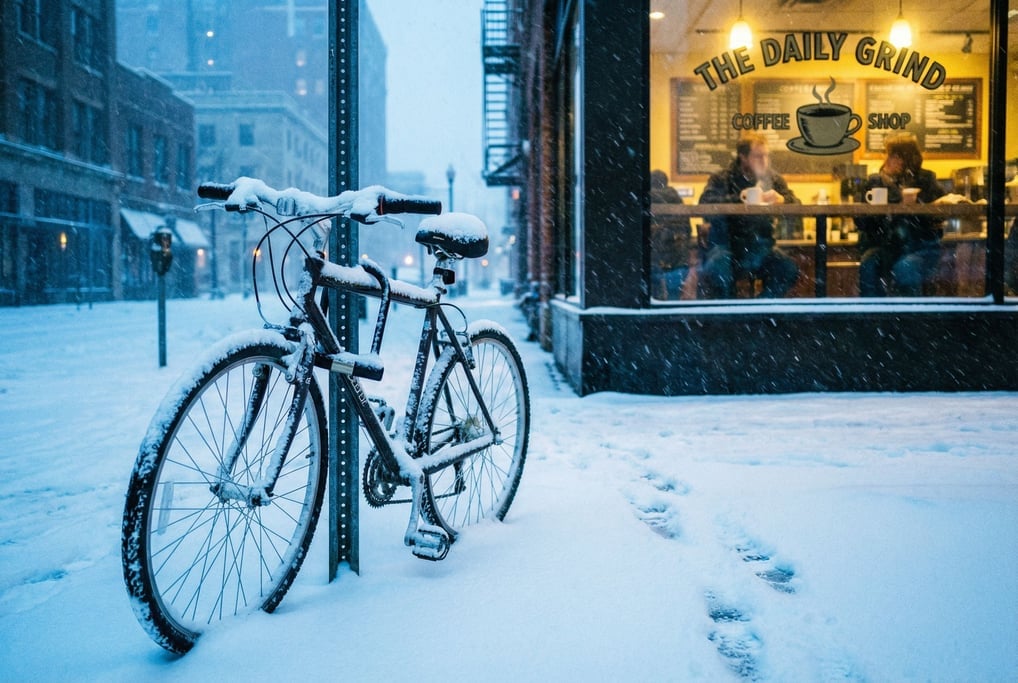 Bicycle locked to a post on a city sidewalk during heavy snowfall
