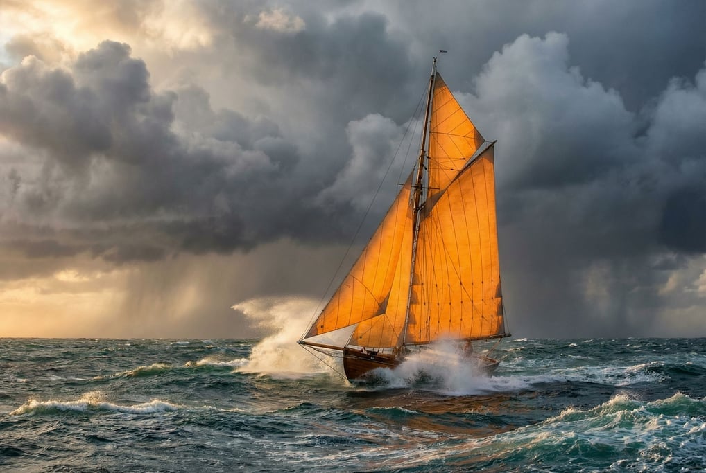 Sailboat running before a squall, dark grey clouds behind