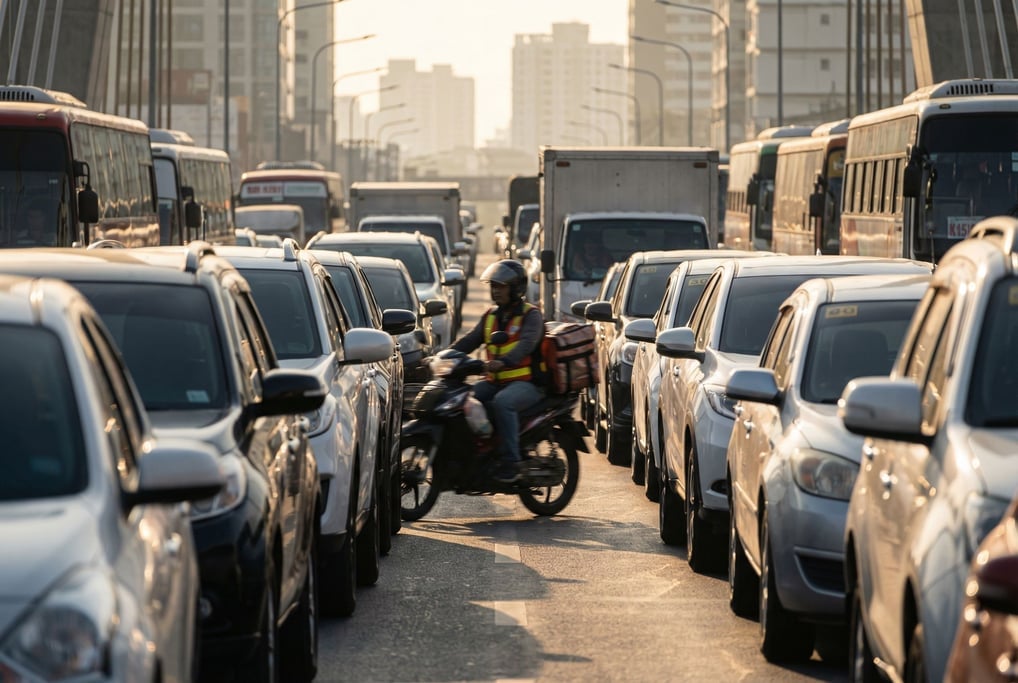 Motorcycle courier weaving through standstill traffic on a city bridge