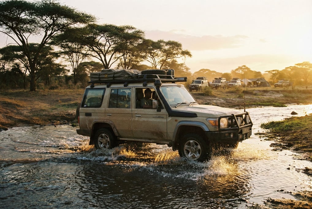 Land cruiser-style SUV in dusty tan fording a shallow stream in the African savanna