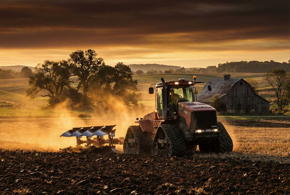 Farm tractor plowing a field at dawn, rich dark earth turning over behind the blades