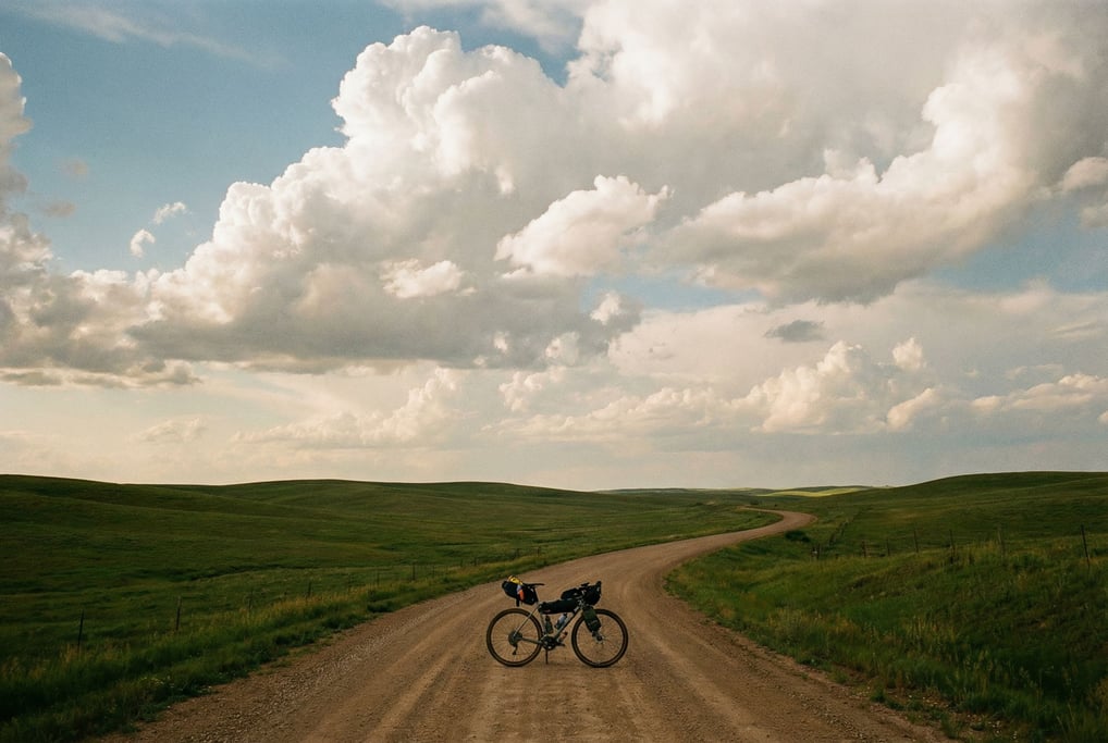 Gravel bike on a remote dirt road through rolling green hills under a vast cloudscape