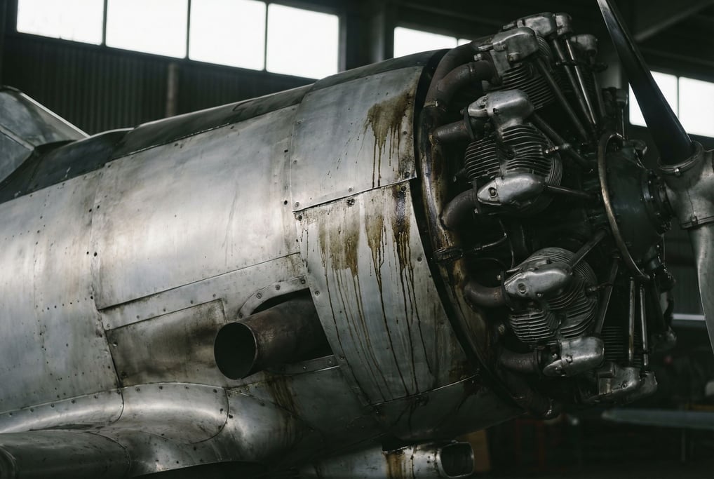Radial engine cowling of a vintage aircraft, each cylinder head visible