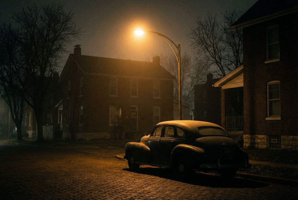 Parked vintage car under a single sodium streetlight on a quiet residential street at midnight