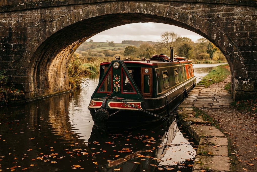 Canal narrowboat in traditional green and red livery moored under a stone bridge