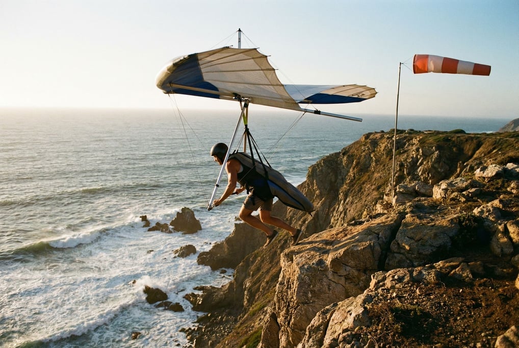 Hang glider launching from a cliff edge above the ocean, wind sock taut, pilot mid-step