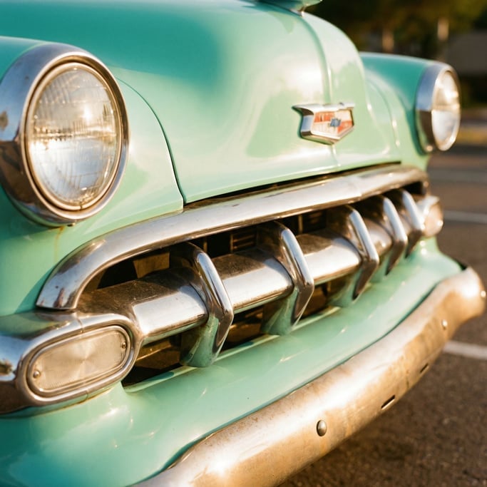 Front grille of a 1950s American car in seafoam green