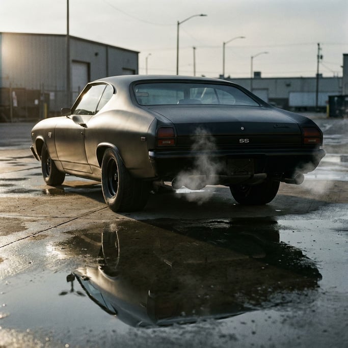 Rear view of a classic muscle car in matte black, twin exhaust pipes and wide rear tires
