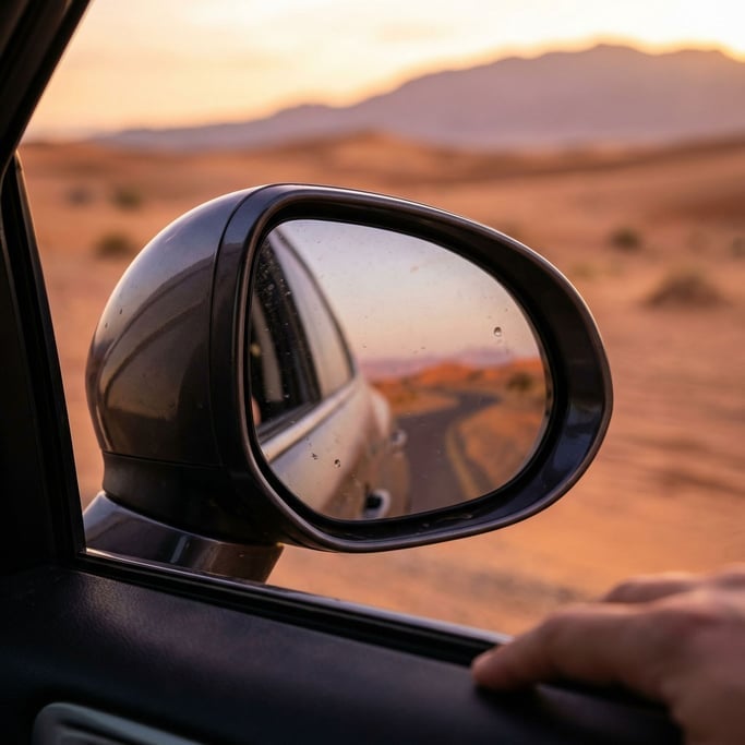 Side mirror of a modern car reflecting a desert landscape at sunset