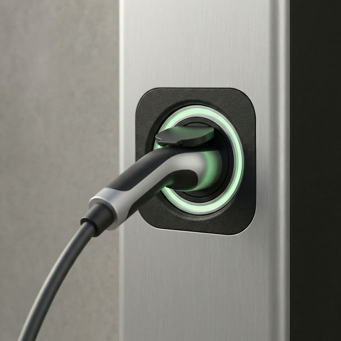 Electric vehicle charging port close-up, cable plugged in, LED indicator glowing soft green